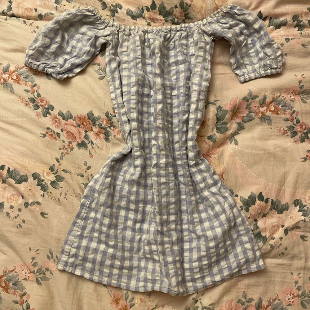 Reformation Blue Gingham Off-the-shoulder Dress
